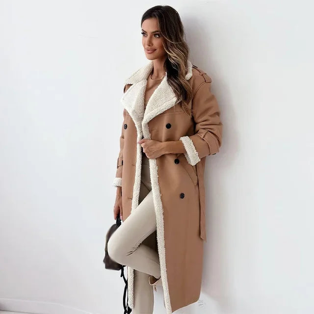 Warm Seraphina long winter coat for women, cozy and stylish in cold weather. Elegant women's apparel.