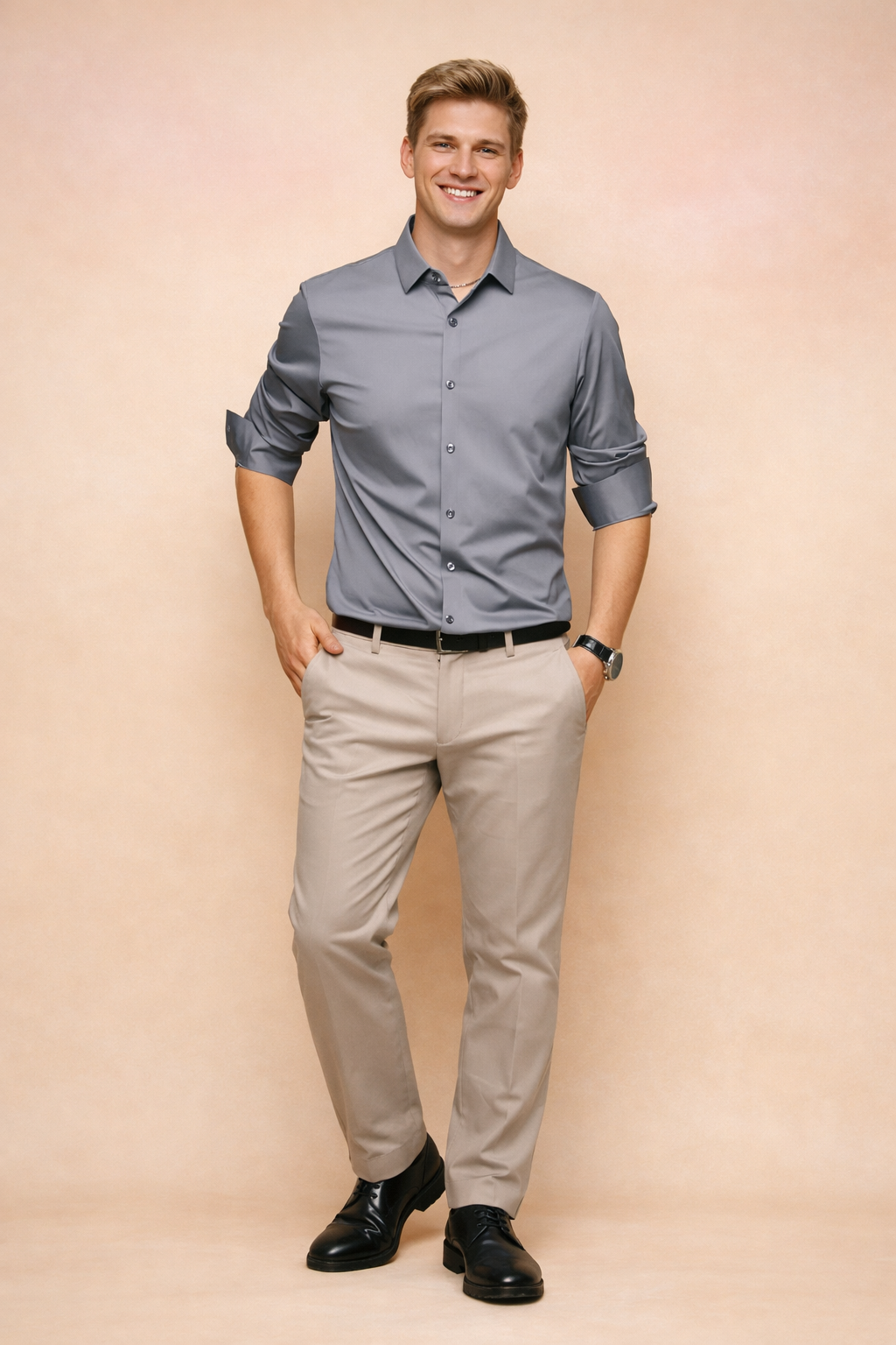 Classic white men's button-down shirt with a modern fit. Long sleeve, stylish menswear for versatile occasions.