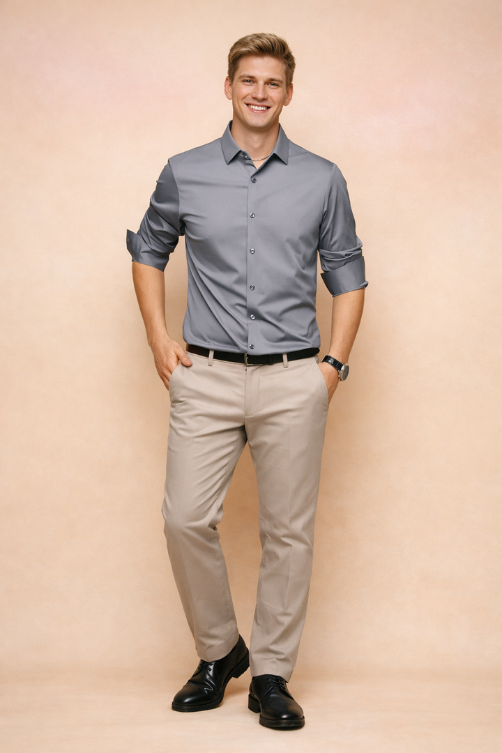 Classic white men's button-down shirt with a modern fit. Long sleeve, stylish menswear for versatile occasions.