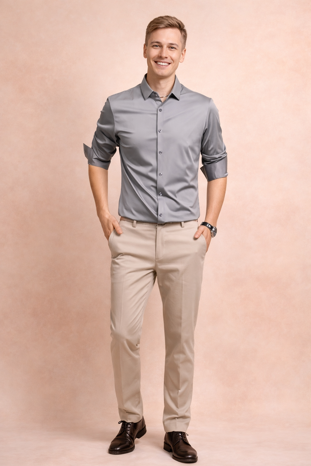 Stylish men's button-down shirt, suitable for formal or casual wear. Elegant long-sleeve men's fashion.
