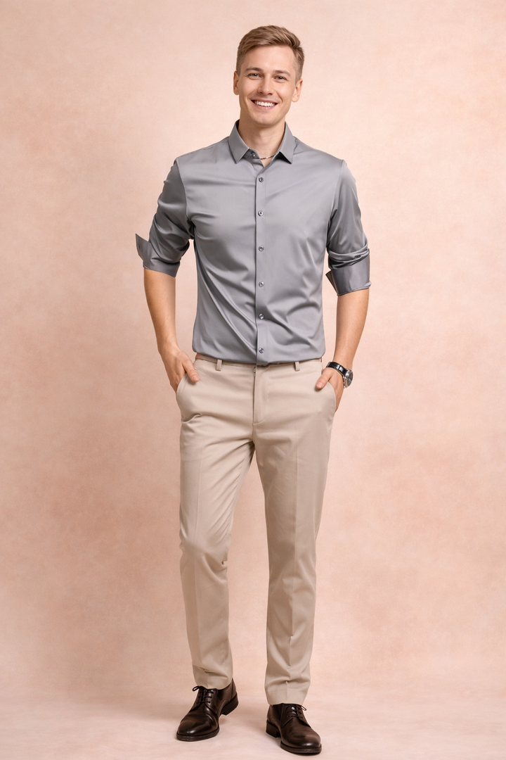 Stylish men's button-down shirt, suitable for formal or casual wear. Elegant long-sleeve men's fashion.