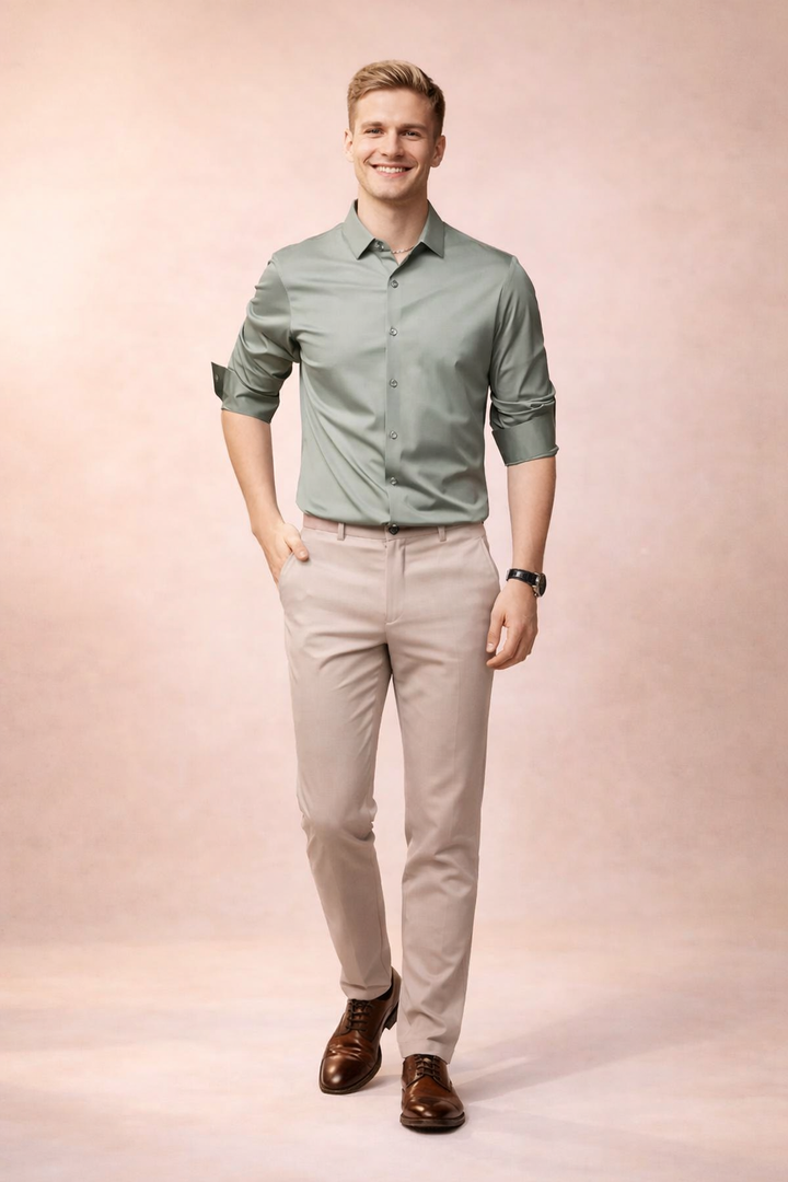 Formal gray men's elegant button-down shirt. Long-sleeve, modern fit for classic office wear.