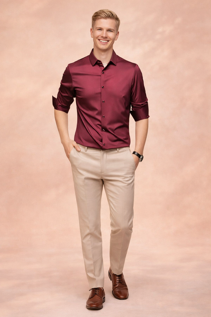High-quality cotton men's button-down shirt. Stylish, versatile long-sleeve menswear for smart casual or formal.