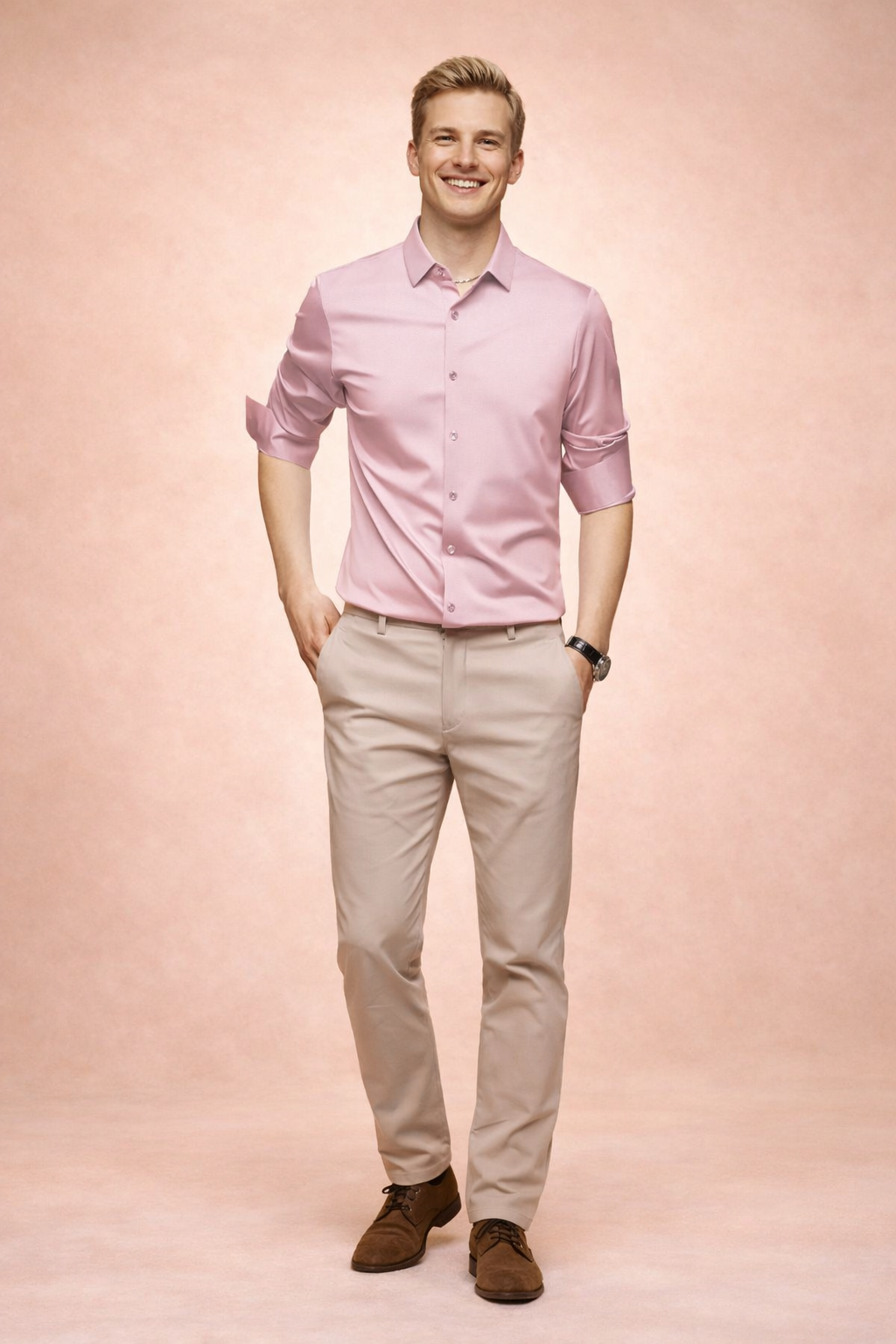 Man modeling a classic men's button-down shirt. Elegant long-sleeve menswear, perfect for versatile fashion.