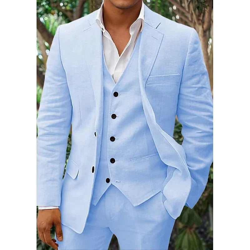 Elegant men's blue linen 3-piece suit set, tailored fit with jacket, waistcoat, trousers. Perfect for formal events.