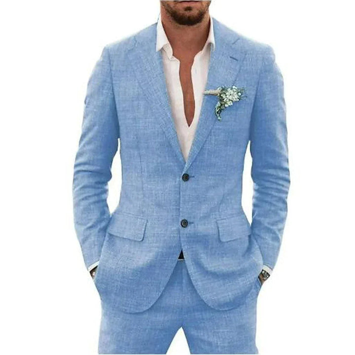 "Elegant men's linen blend suit, tailored fit, versatile for weddings or business, shown in stylish shades, breathable fabric