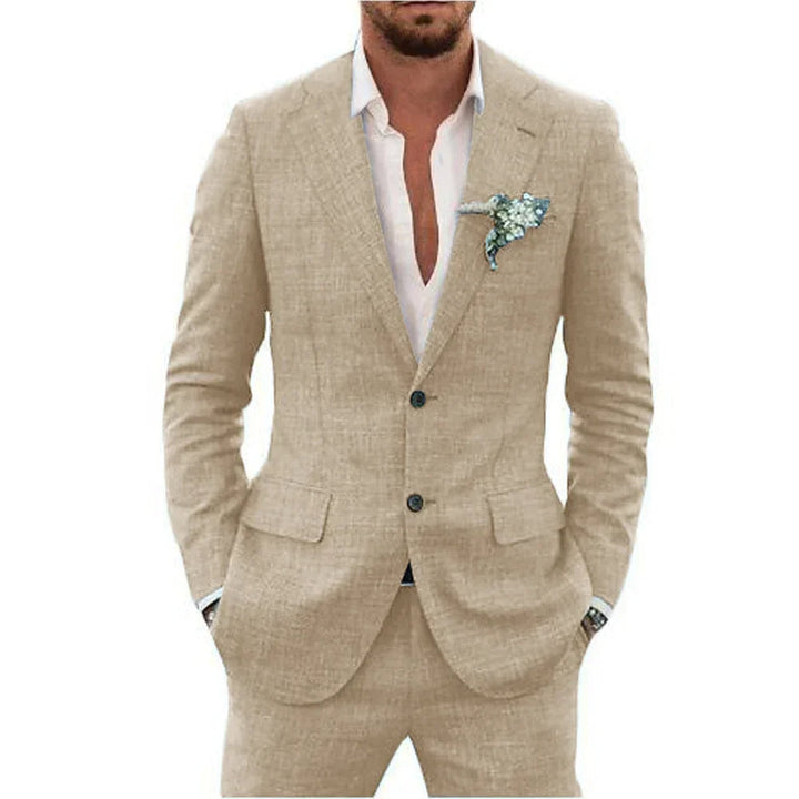 "Elegant men's linen blend suit, tailored fit, versatile for weddings or business, shown in stylish shades, breathable fabric