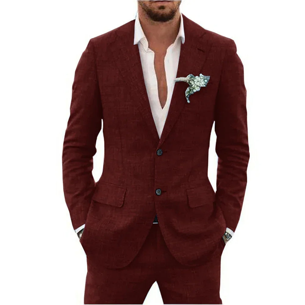 "Elegant men's linen blend suit, tailored fit, versatile for weddings or business, shown in stylish shades, breathable fabric