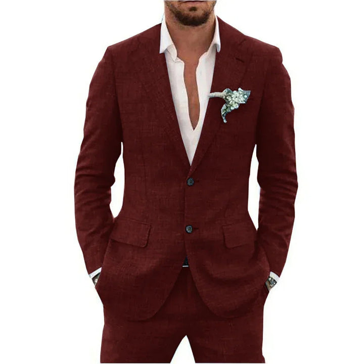 "Elegant men's linen blend suit, tailored fit, versatile for weddings or business, shown in stylish shades, breathable fabric