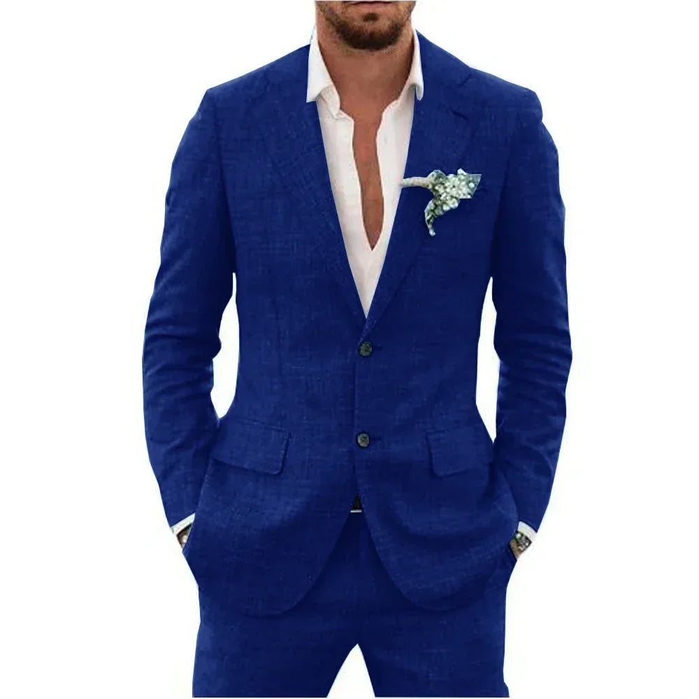 "Elegant men's linen blend suit, tailored fit, versatile for weddings or business, shown in stylish shades, breathable fabric