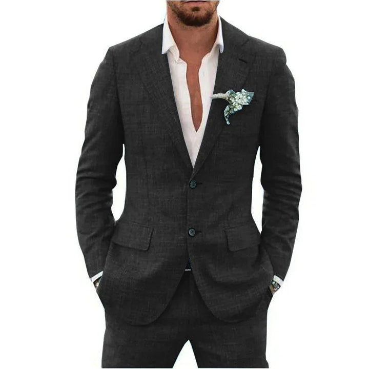 "Elegant men's linen blend suit, tailored fit, versatile for weddings or business, shown in stylish shades, breathable fabric