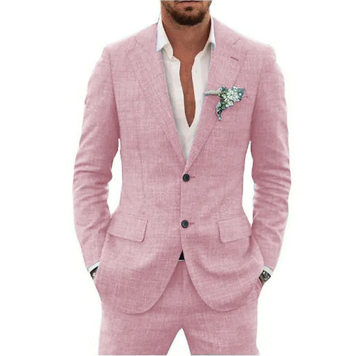 "Elegant men's linen blend suit, tailored fit, versatile for weddings or business, shown in stylish shades, breathable fabric