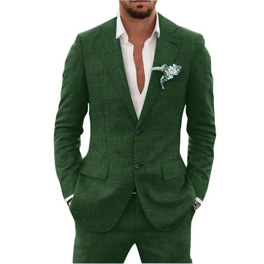 "Elegant men's linen blend suit, tailored fit, versatile for weddings or business, shown in stylish shades, breathable fabric