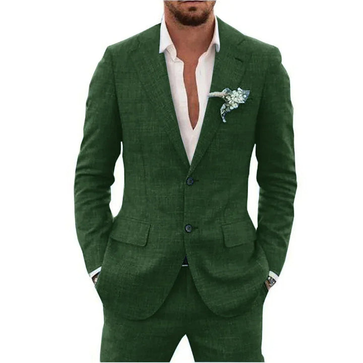 "Elegant men's linen blend suit, tailored fit, versatile for weddings or business, shown in stylish shades, breathable fabric