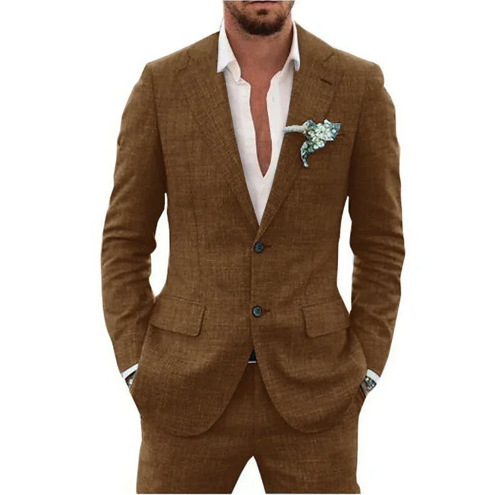 "Elegant men's linen blend suit, tailored fit, versatile for weddings or business, shown in stylish shades, breathable fabric