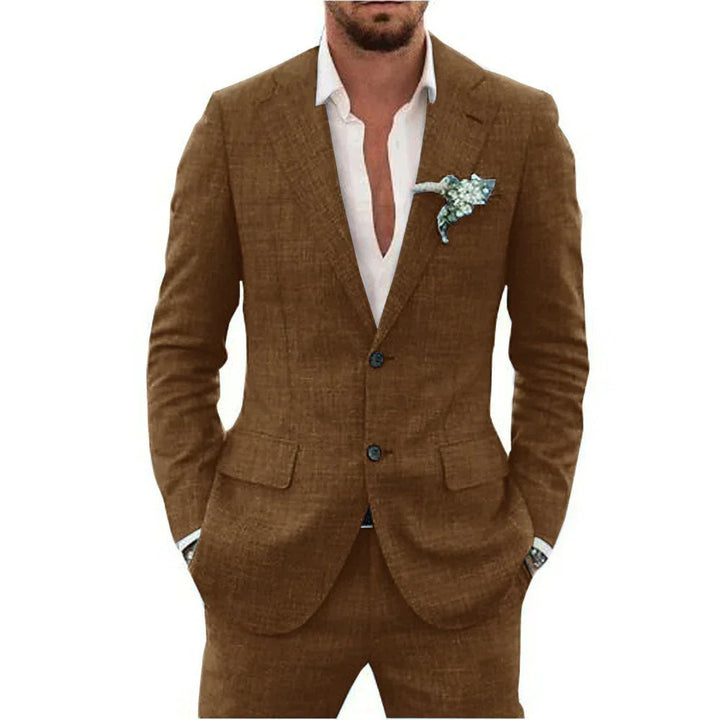 "Elegant men's linen blend suit, tailored fit, versatile for weddings or business, shown in stylish shades, breathable fabric