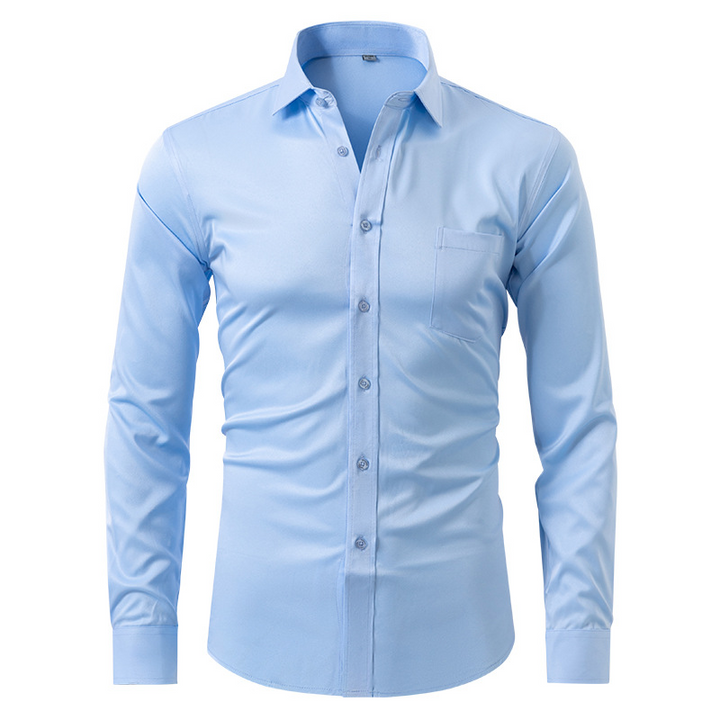 "Elegant men's slim fit dress shirt with long sleeves, showcasing modern style and premium fabric in versatile color options.