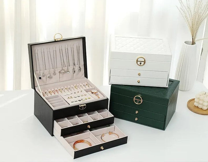 Black elegant multilayer jewelry box, perfect for women's luxury accessory organization.
