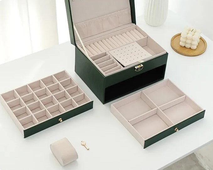Pink organized multilayer jewelry box, charming storage for women's rings & small items.