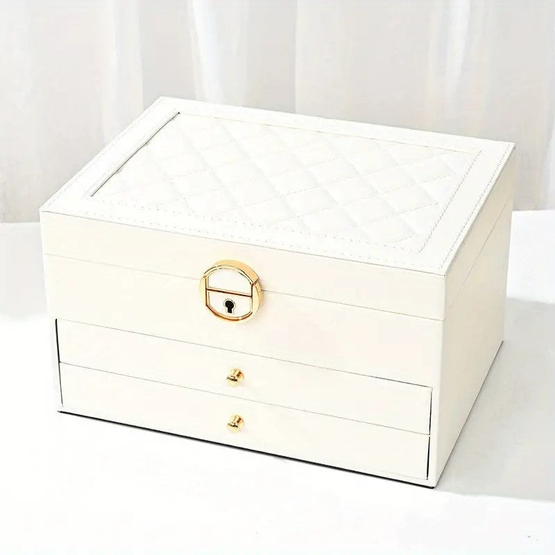 White leather multilayer jewelry organizer, stylish accessory box for vanity or dresser.