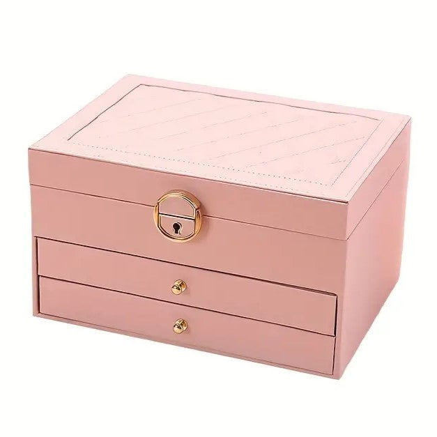 Pink multilayer jewelry box, perfect organized storage for women's earrings & rings.