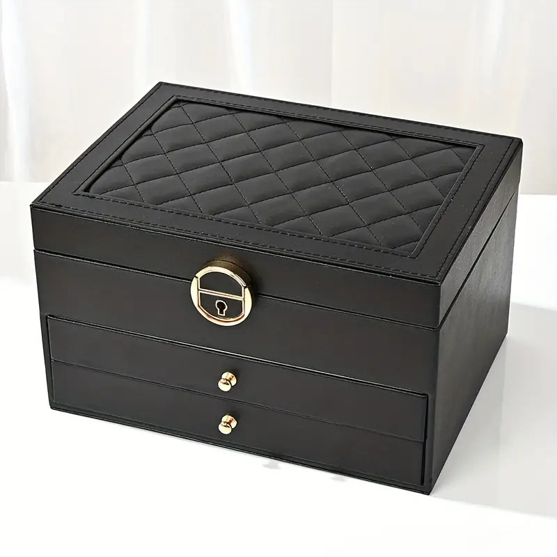 Black luxury multilayer jewelry organizer, elegant accessory storage for dresser.