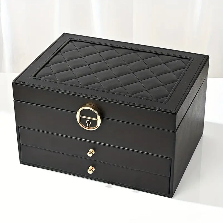 Black luxury multilayer jewelry organizer, elegant accessory storage for dresser.
