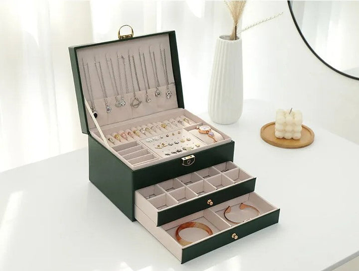Green leather multilayer jewelry box, stylish and organized storage for all her treasures.