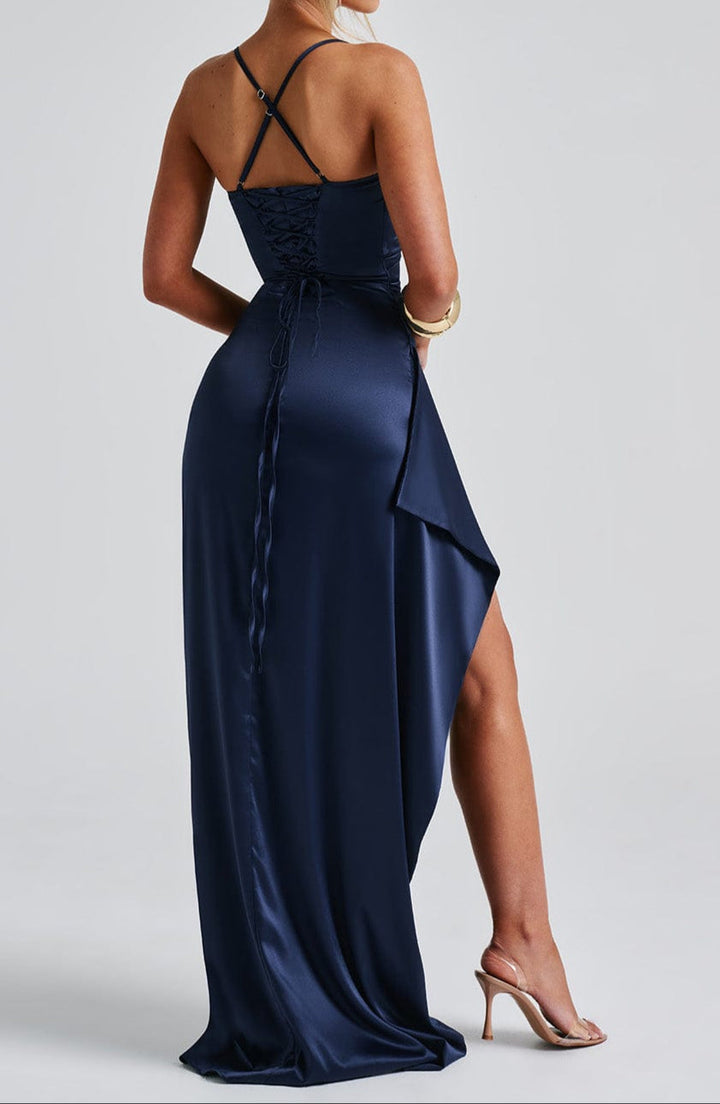 Stylish women's navy blue formal maxi dress. Ideal elegant evening gown for parties, galas, and special events.