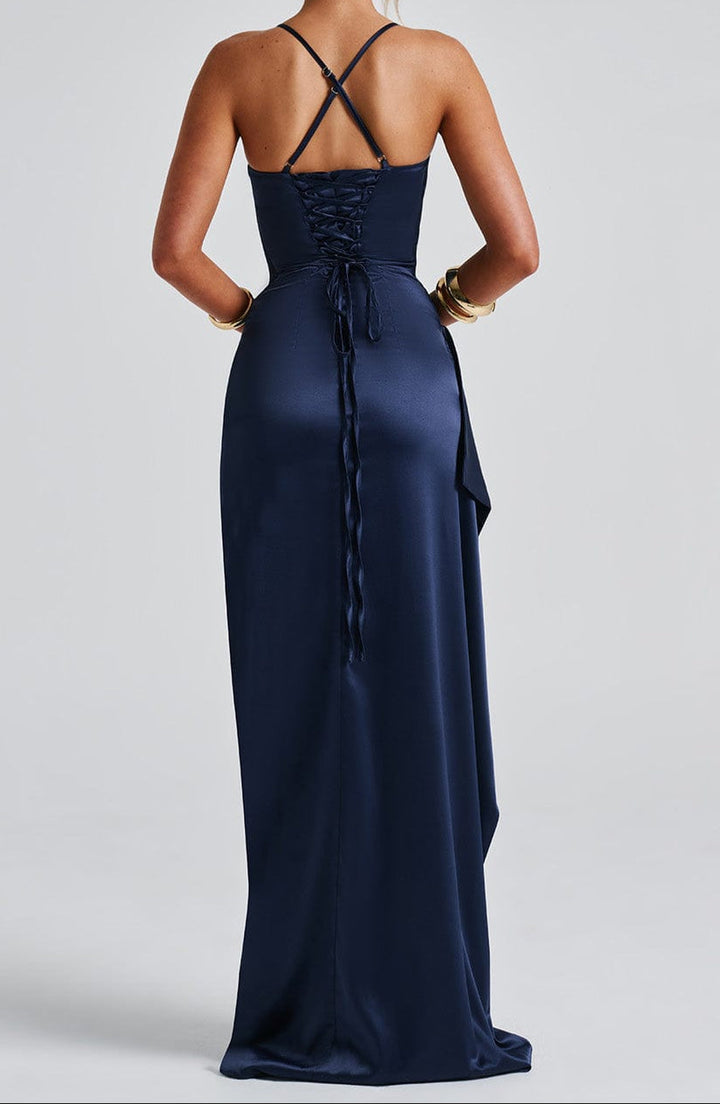 Full-length navy blue women's formal evening maxi dress. Elegant party gown, ideal for formal wear & special events.