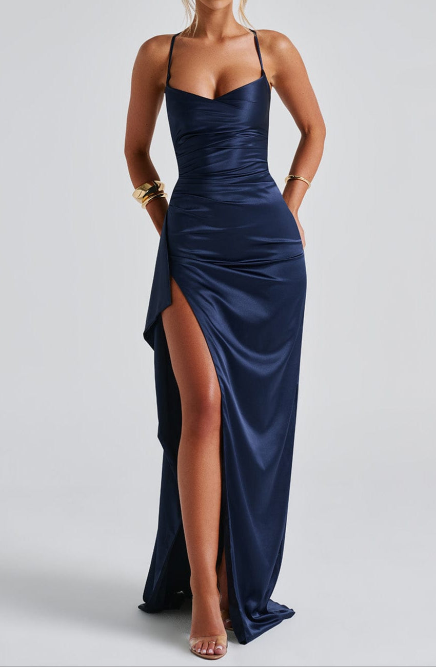 Beautiful navy blue women's formal evening maxi dress. Chic long party dress for special occasions & elegant events.