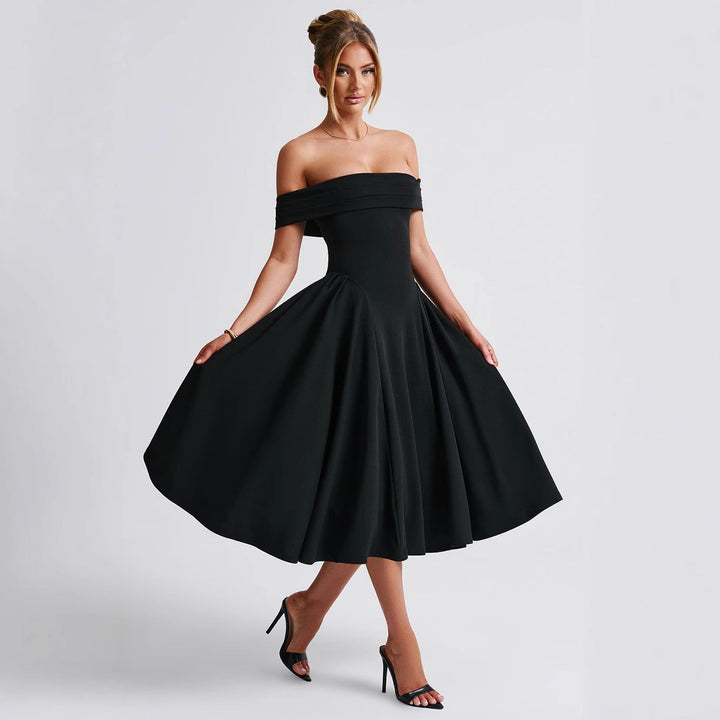 Elegant off-shoulder A-line midi dress in classic colors, designed to highlight graceful silhouettes for formal events.
