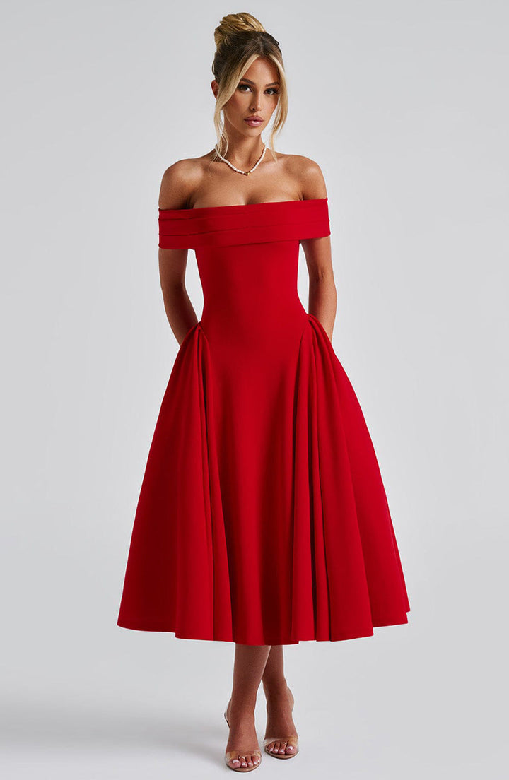 Elegant off-shoulder A-line midi dress in classic colors, designed to highlight graceful silhouettes for formal events.