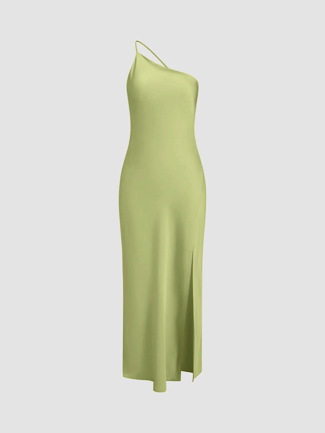 Graceful one-shoulder open back maxi dress, a flattering long formal dress for wedding guests.