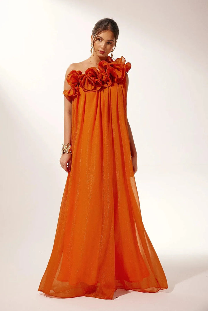 Women's chic orange one-shoulder asymmetric maxi dress, ideal for gala events or wedding guest attire.