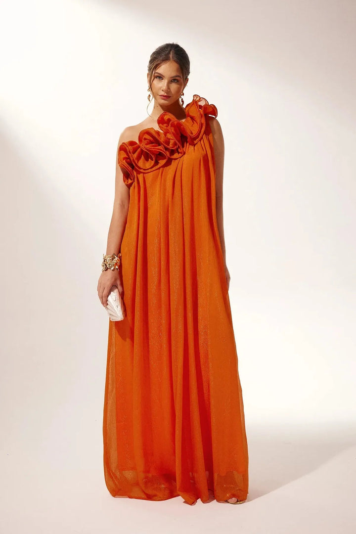 Luxurious women's orange one-shoulder maxi evening gown with intricate floral detailing, perfect for formal events.