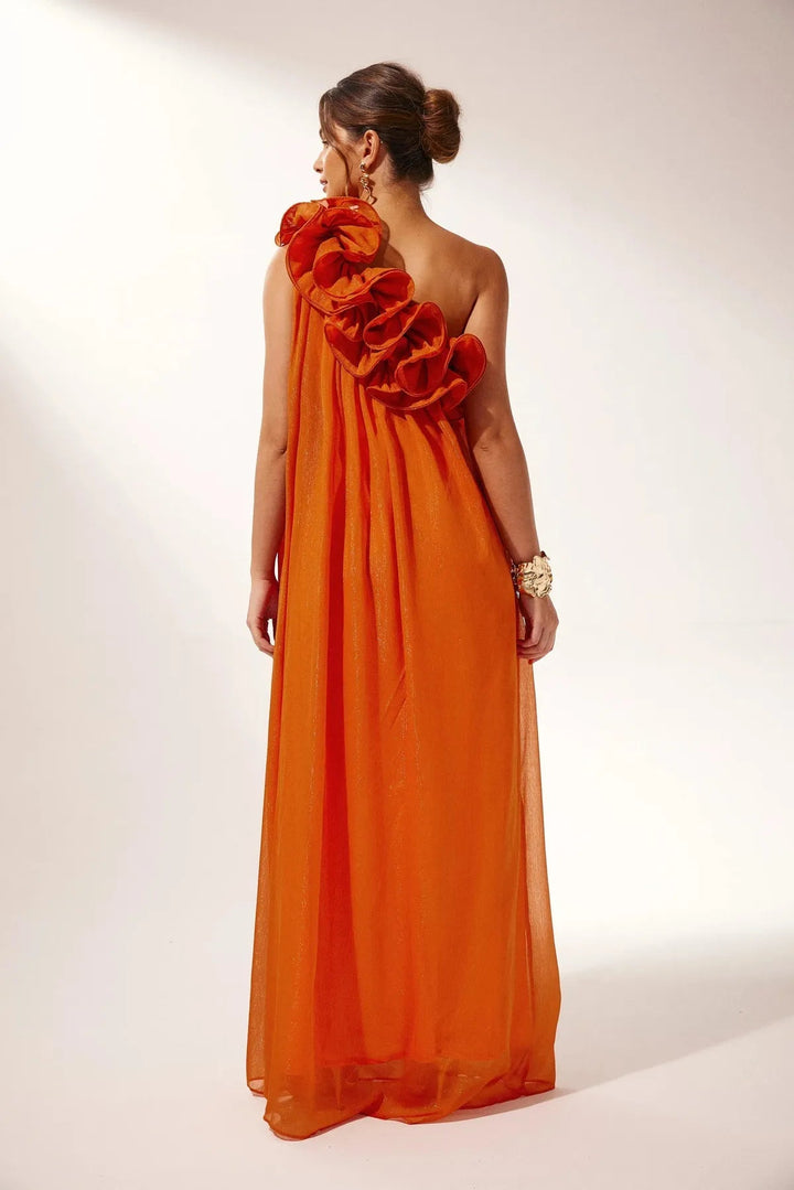Women's orange asymmetric one-shoulder floral maxi evening gown. Elegant for galas & special occasions.