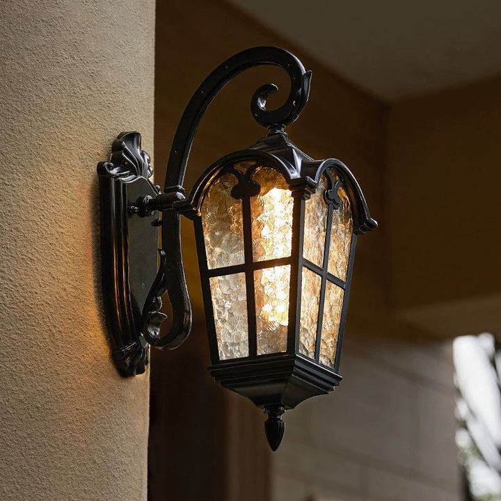 Elegant outdoor vintage solar wall light, matte black, IP55 weatherproof, with remote control and ripple glass design.
