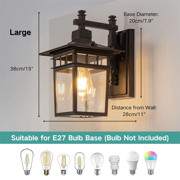 "Elegant outdoor waterproof lantern wall light with black finish and glass shade, perfect for gardens and porches."