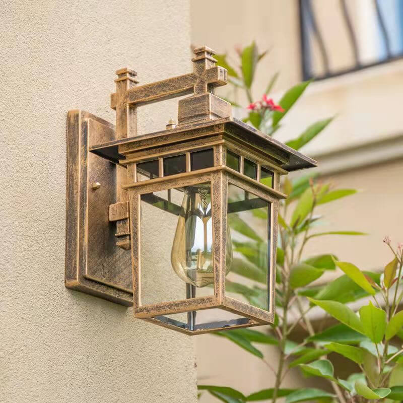 "Elegant outdoor waterproof lantern wall light with black finish and glass shade, perfect for gardens and porches."