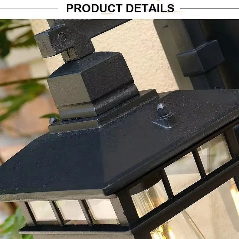"Elegant outdoor waterproof lantern wall light with black finish and glass shade, perfect for gardens and porches."