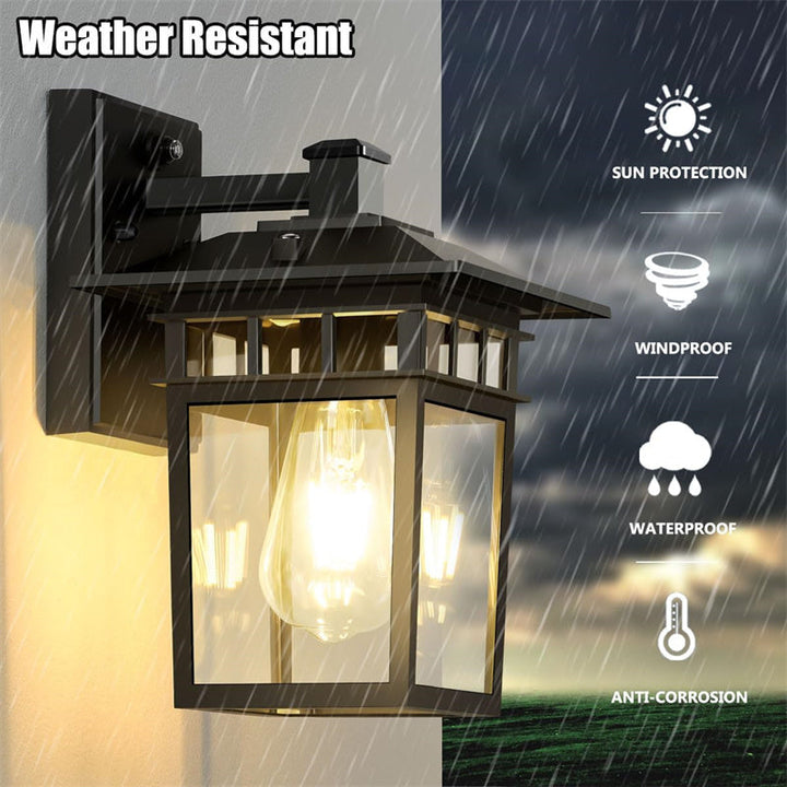 "Elegant outdoor waterproof lantern wall light with black finish and glass shade, perfect for gardens and porches."