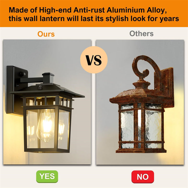 "Elegant outdoor waterproof lantern wall light with black finish and glass shade, perfect for gardens and porches."