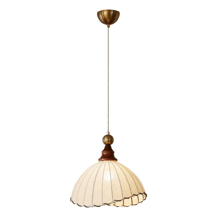 Elegant pendant light with pleated fabric shade, gold-finished top, and wood accent; perfect for modern interiors.