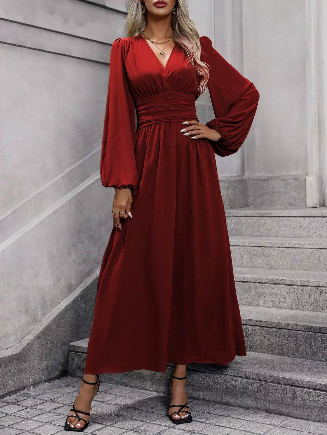 Women's formal pink long sleeve midi slit dress, ideal for cocktail events or elegant special occasions.