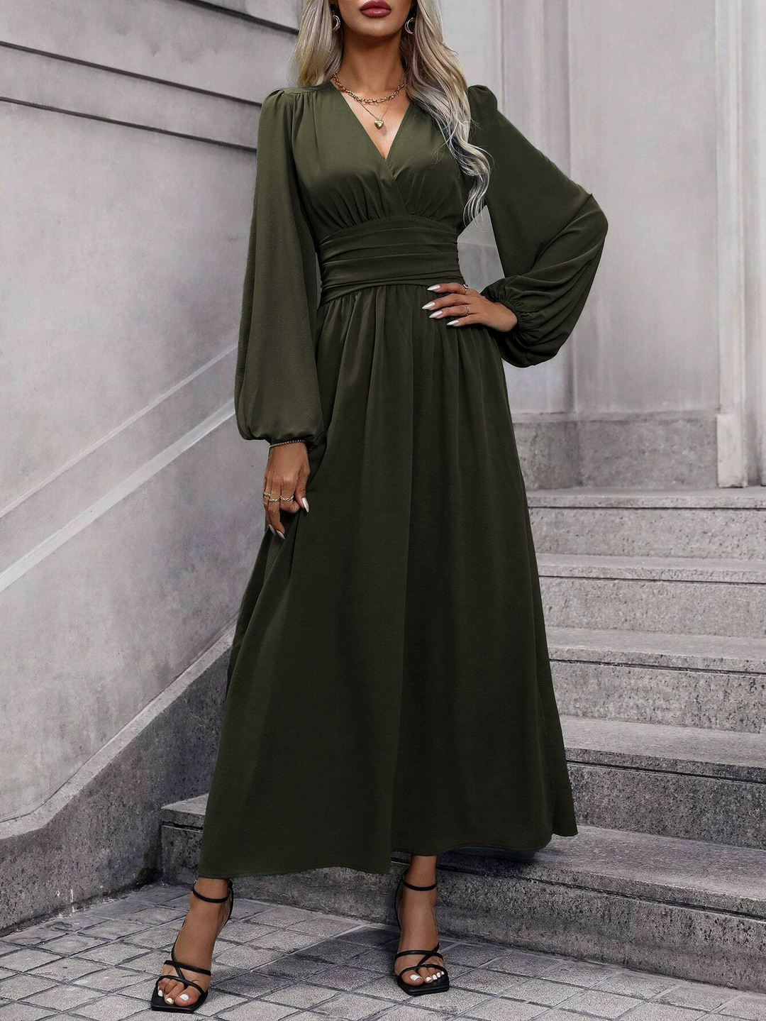 Versatile women's pink long sleeve midi slit dress for elegant occasions, evening wear, or formal parties.