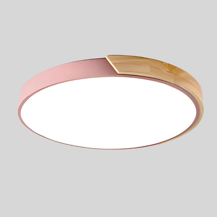"Elegant Scandinavian Circular LED Ceiling Light Fixture with minimalist design, warm glow, and wood finish option."