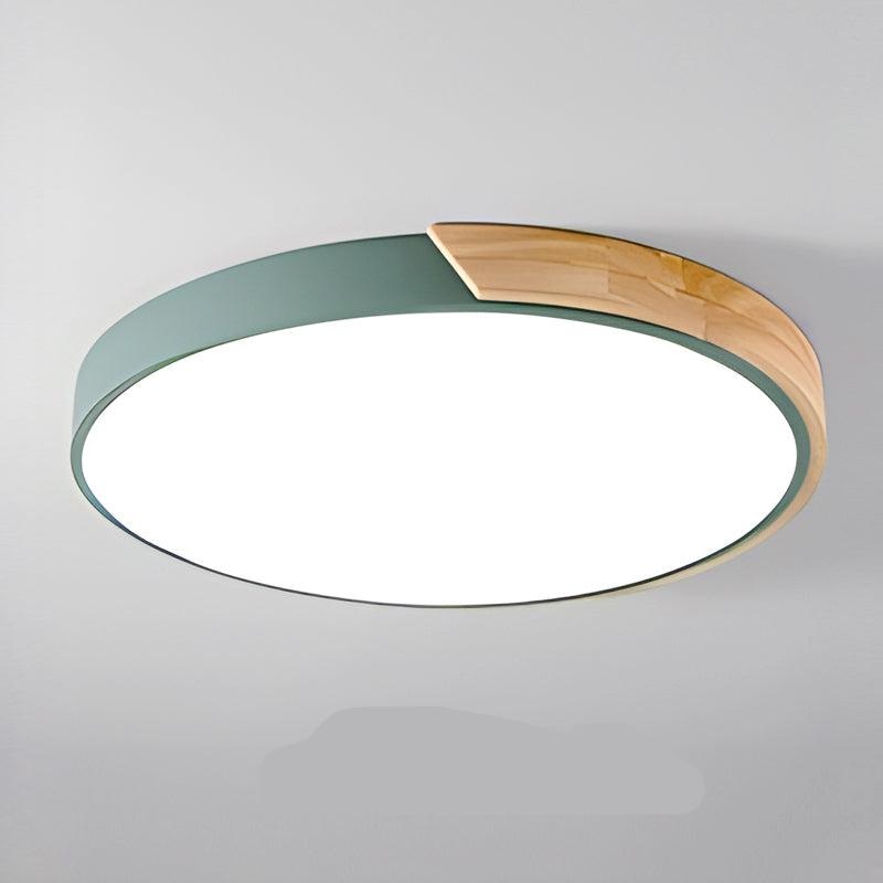 "Elegant Scandinavian Circular LED Ceiling Light Fixture with minimalist design, warm glow, and wood finish option."