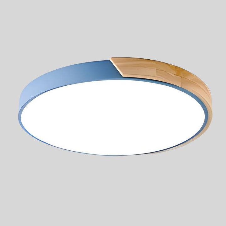 "Elegant Scandinavian Circular LED Ceiling Light Fixture with minimalist design, warm glow, and wood finish option."