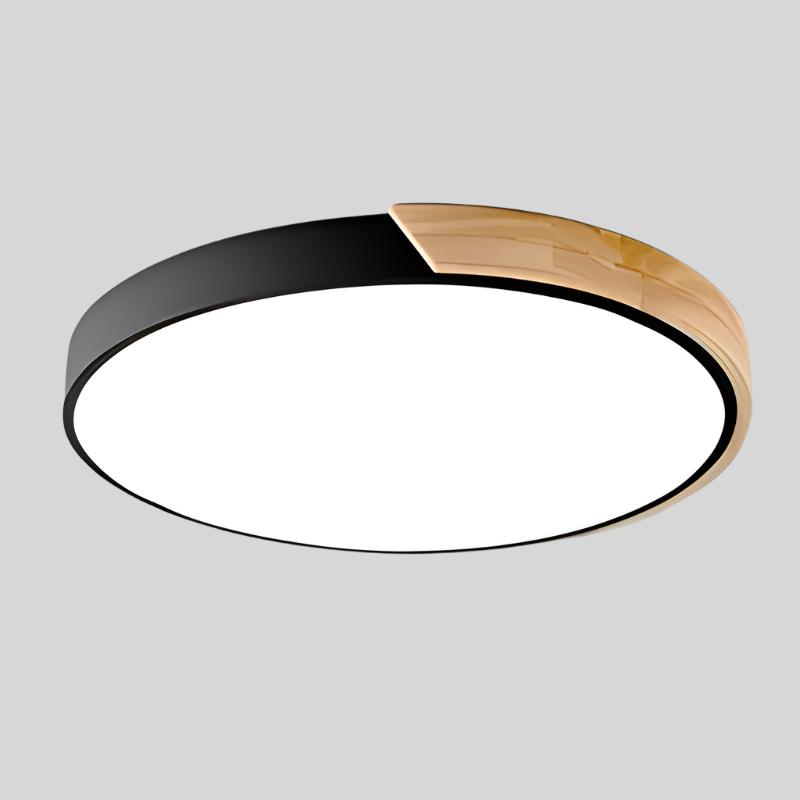 "Elegant Scandinavian Circular LED Ceiling Light Fixture with minimalist design, warm glow, and wood finish option."